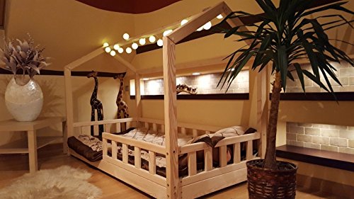 Oliveo HAUSBETT KINDERHAUS Bett für Kinder,Kinderbett mit Schublade, mit SICHERHEITBARRIEREN (Natürliches Holz, 120 x 60 cm) - 2