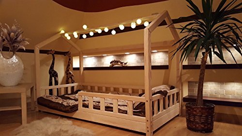Oliveo HAUSBETT KINDERHAUS Bett für Kinder,Kinderbett mit Schublade, mit SICHERHEITBARRIEREN (Natürliches Holz, 120 x 60 cm) - 4